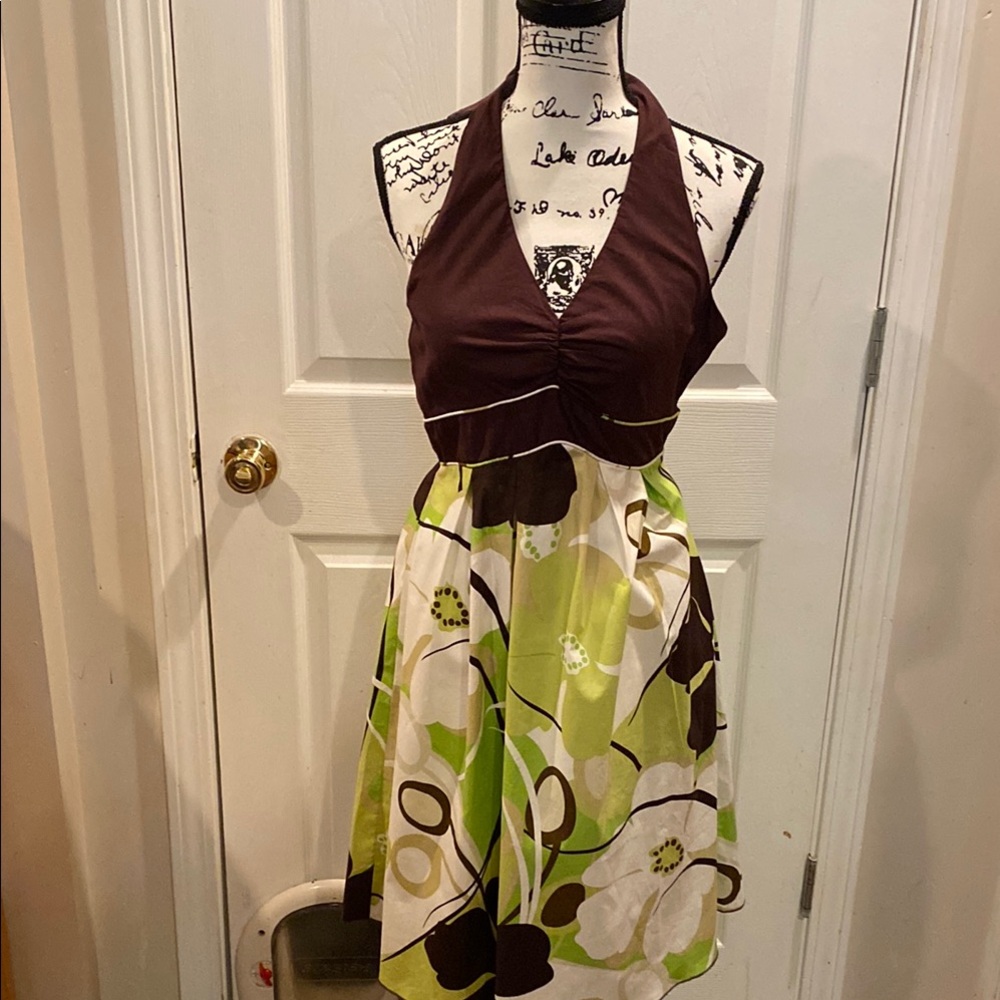Green and Brown Halter Midi Sundress for Cocktail